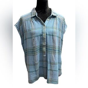 Anthropologie Pilcro The Serena Surf blue plaid  henley blouse Size M